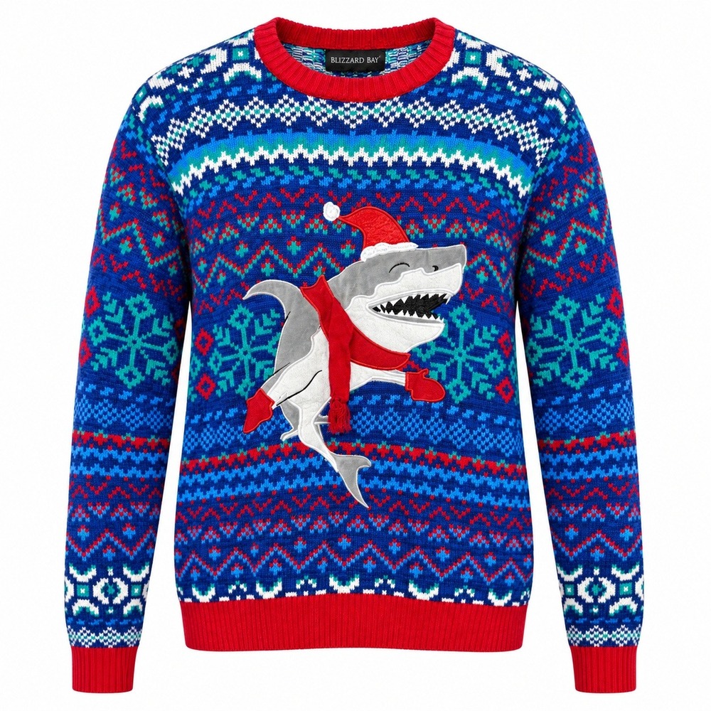 Blizzard Bay Ugly Christmas Sweater Mens Medium Festive Shark Fair Isle Knit